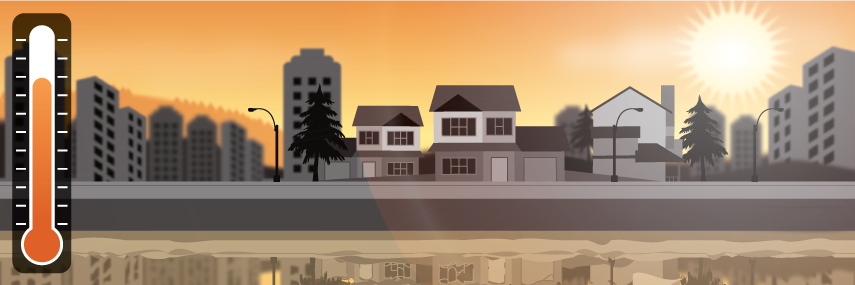 City scene on a very sunny day, with a thermometer that is showing high temperatures